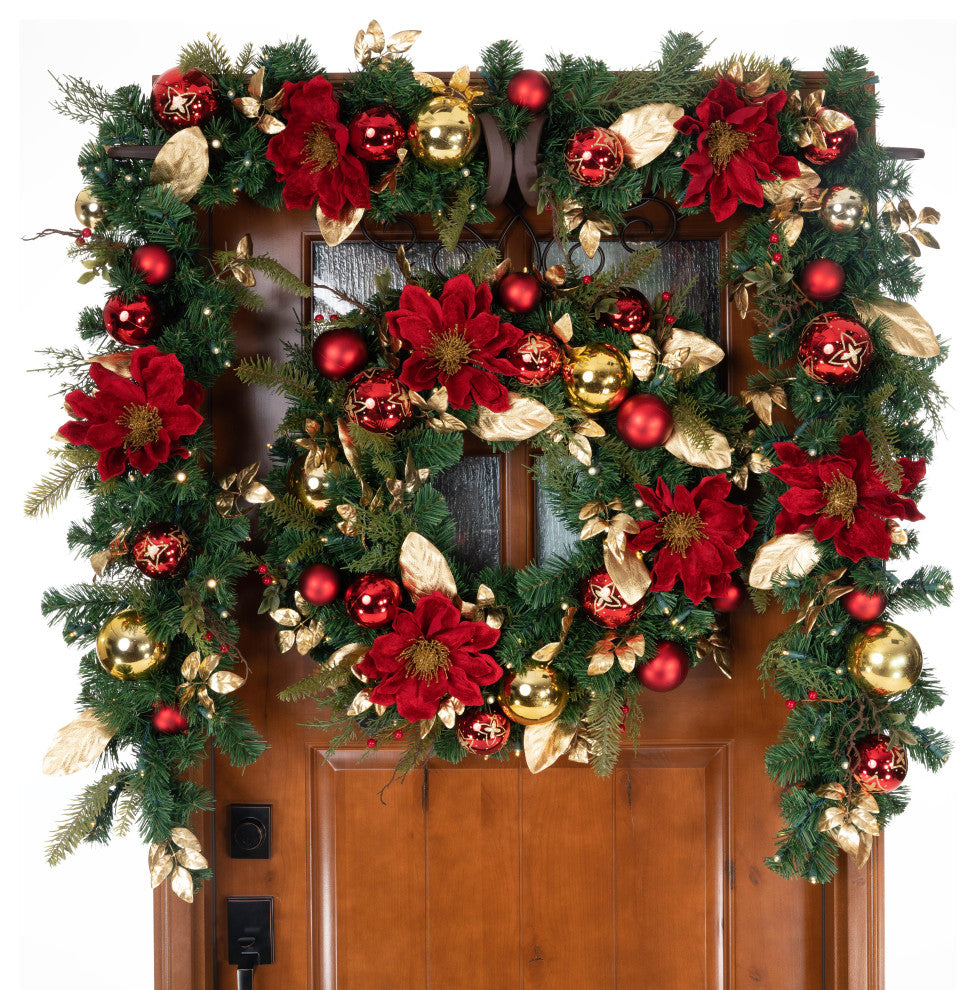 9' Artificial Christmas Garland with Lights, Golden Leaf Red Magnolia