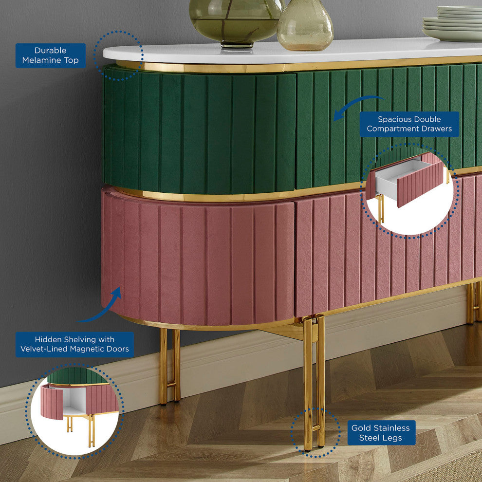 Console Entry Table Sideboard, Green White, Velvet, Modern, Mid Century Lounge