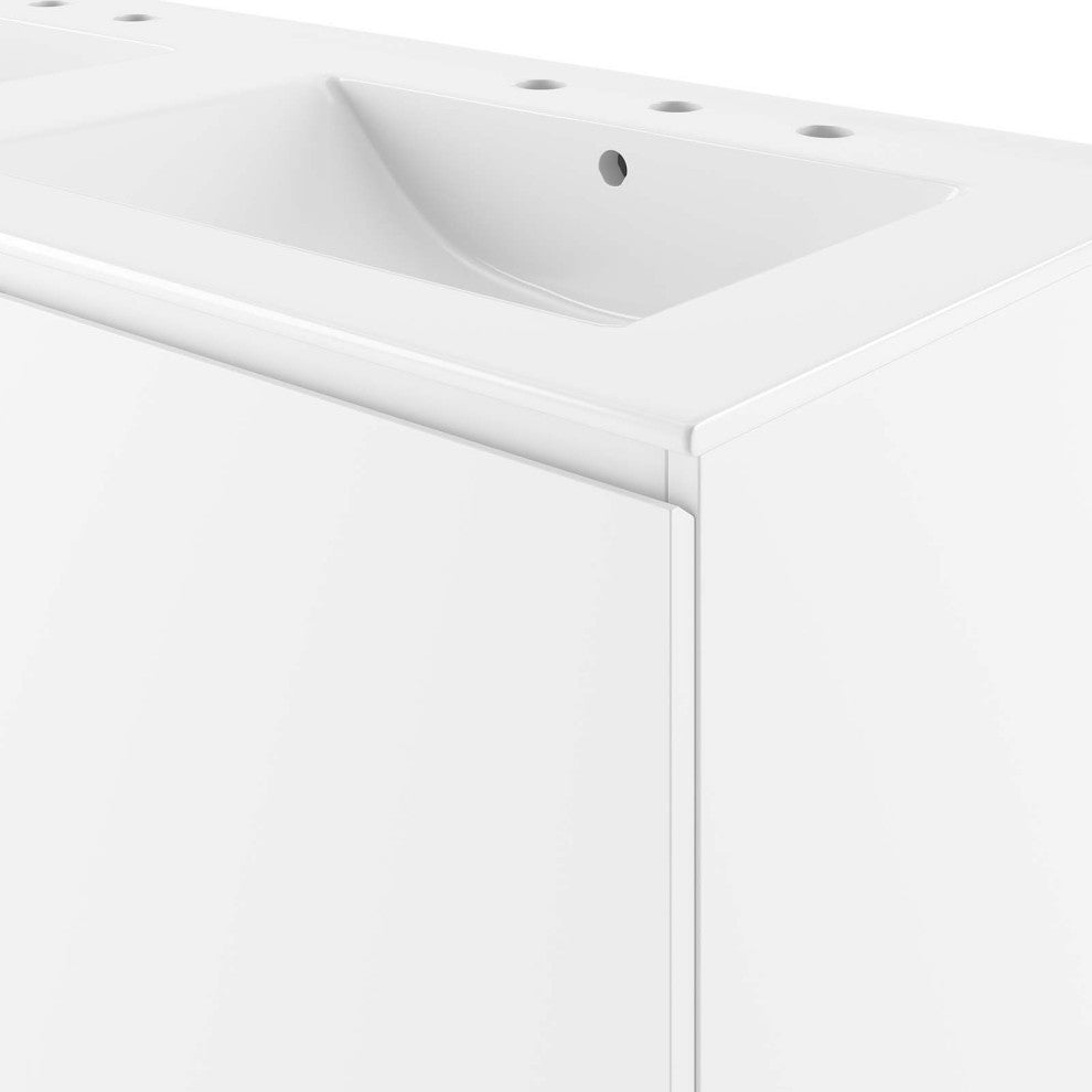 Double Sink Vanity Cabinet, Wall Mount, White, Ceramic, Modern, Hotel Bathroom
