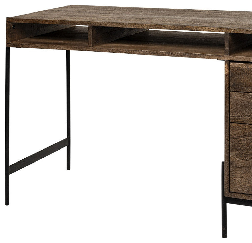 Medium Brown Wooden Writing Desk With 3 Drawers And 3 Open Shelves