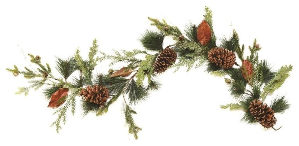 5' Mixed Pine With Red Leaves and Pine Cones Christmas Garland
