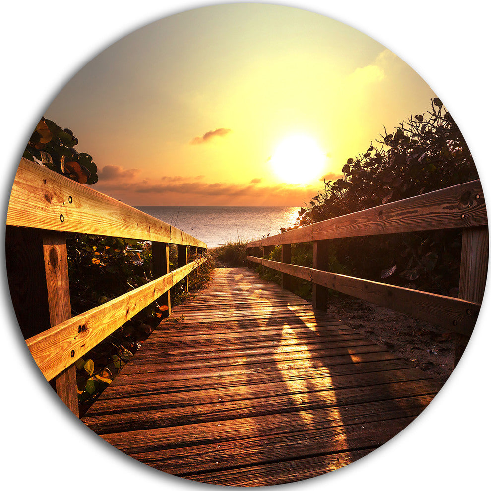 Wooden Boardwalk On Beach, Sea Bridge Disc Metal Artwork, 36"