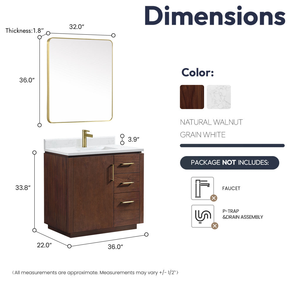 San Bath Vanity with Stone Top, Natural Walnut, 36", Single Vanity, With Mirror