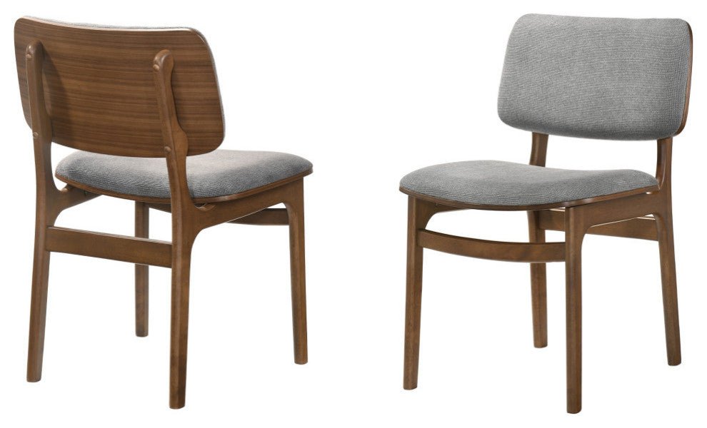 Lima Wood Dining Accent Chairs, Walnut Finish and Gray Fabric, Set of 2