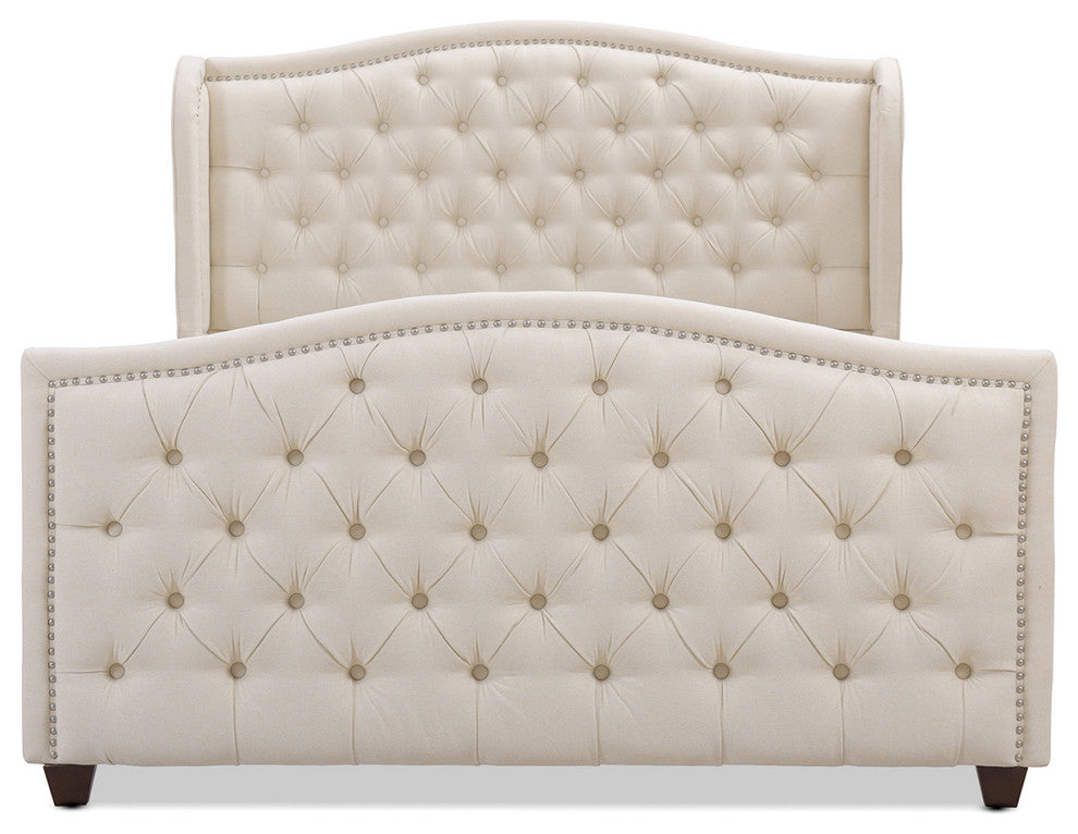 Marcella Upholstered Tufted Shelter Wingback Panel Bed, Sky Neutral Beige Polyester, Queen