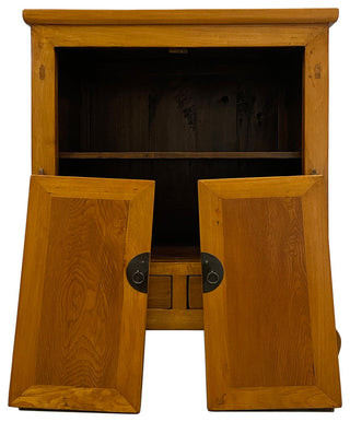 Interior with doors open showing shelves; white background.