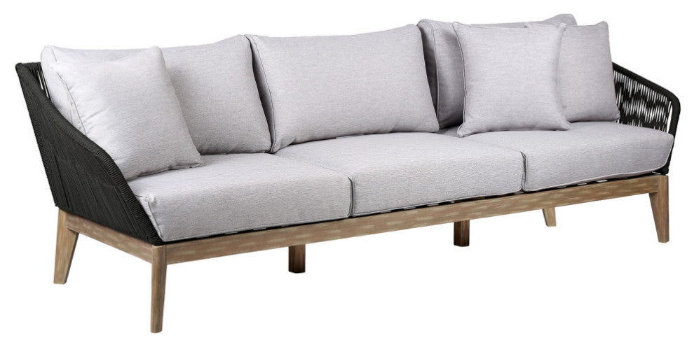 Athos Outdoor 3 Seater Sofa With Latte Rope and Gray Cushions, Light Eucalyptus