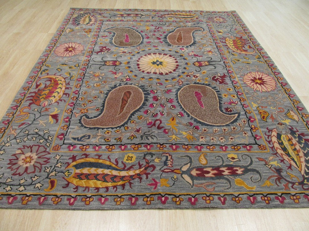 EORC Hand-tufted Wool Blue Transitional Floral Paisley Rug, Round 6''