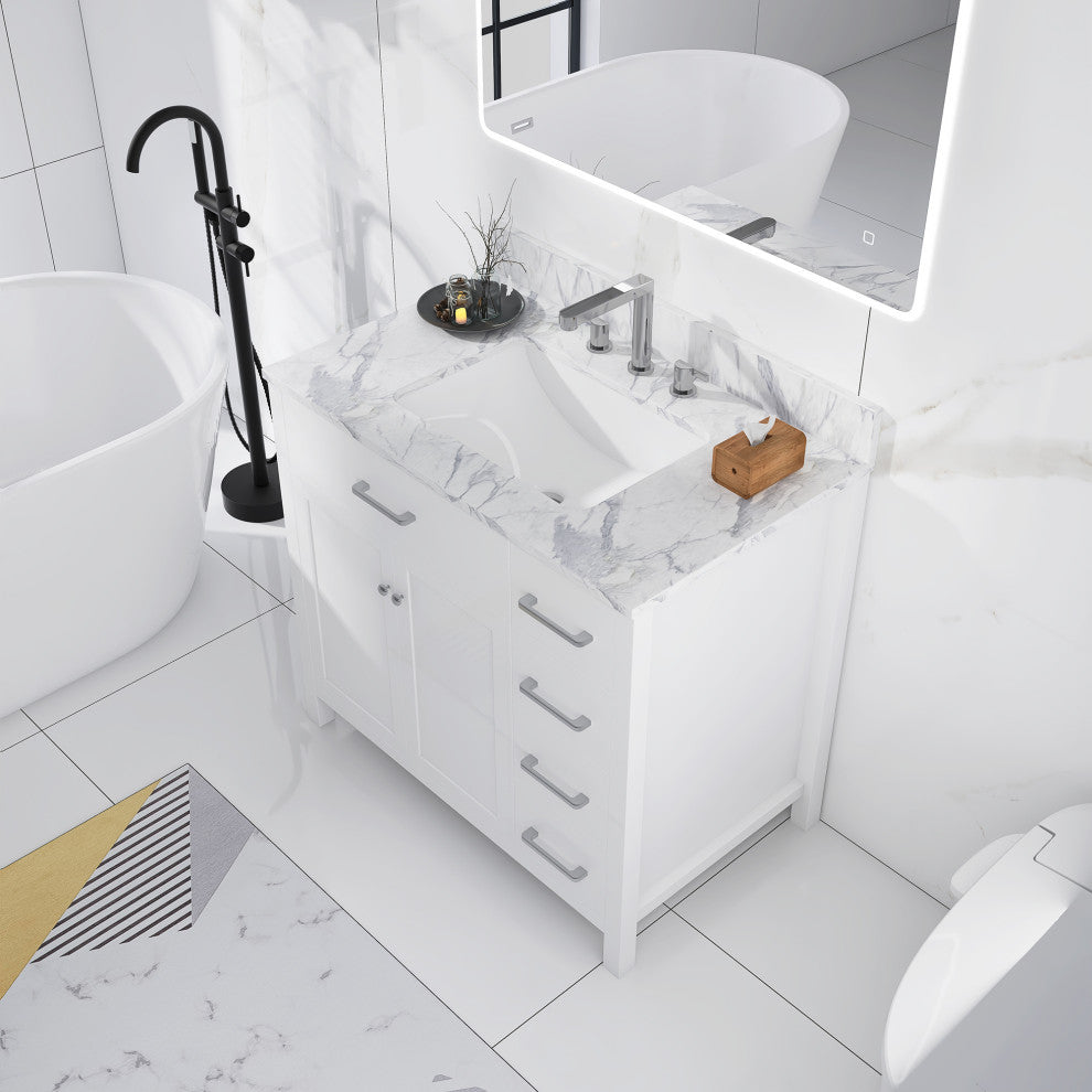 36" W x 22" D x 33" H Bath Vanity, White With Carrara White Marble