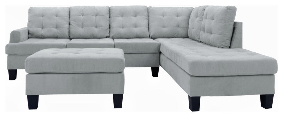 Microfiber Sectional Sofa With Reversible Chaise and Ottoman, 3-Piece Set, Gray