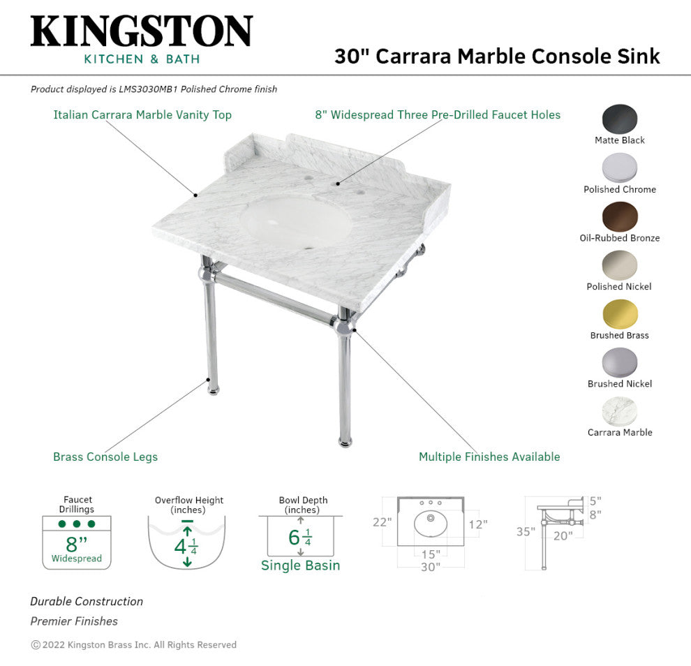 Kingston Brass LMS3030MB6 30" Carrara Marble Console Sink, Legs