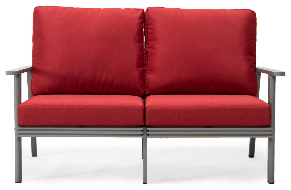 LeisureMod Walbrooke 3-Piece Patio Set With Gray Aluminum Frame and Cushions, Red