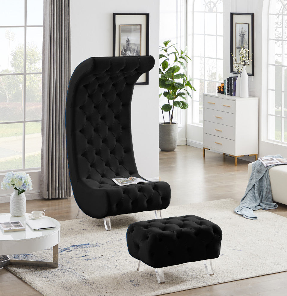 Crescent Velvet Upholstered Rounded Accent Chair, Black