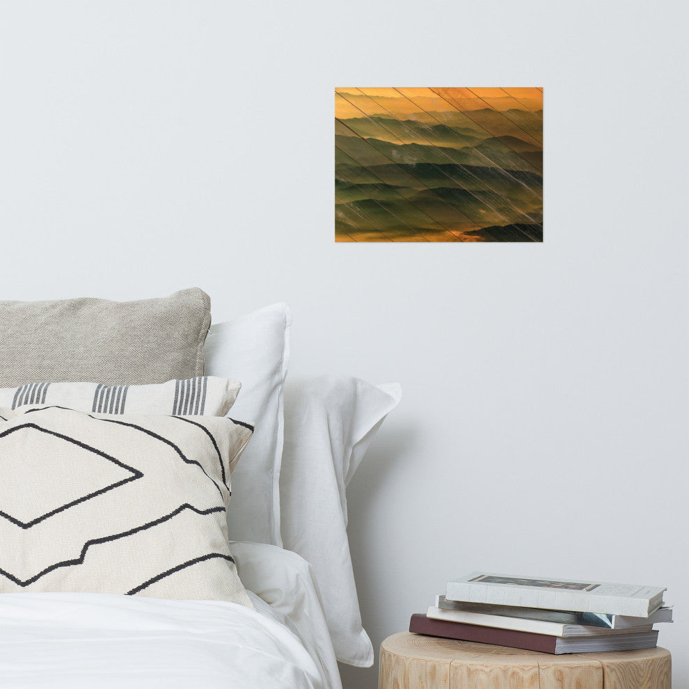 Faux Wood Foggy Mountain Layers at Sunset Landscape Unframed Wall Art Prints, 12" X 16"