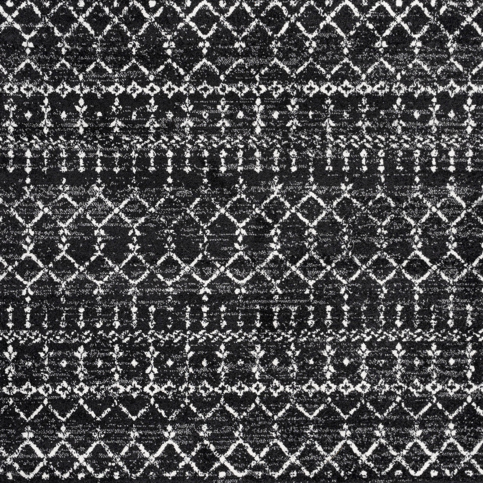 Moroccan HYPE Boho Vintage Diamond Runner Rug, Black/Ivory, 5' Square