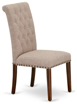 5Pc Dining Set, Round Table, Four Parson Chairs, Light Fawn Fabric, Mahogany