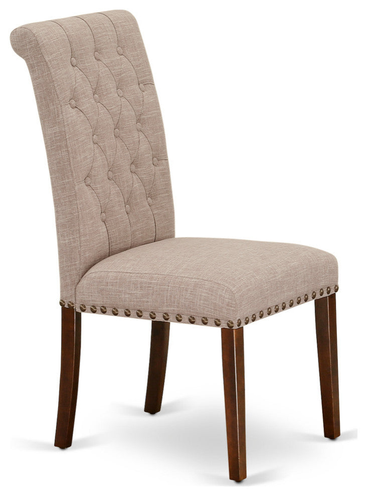 5Pc Dining Set, Round Table, Four Parson Chairs, Light Fawn Fabric, Mahogany