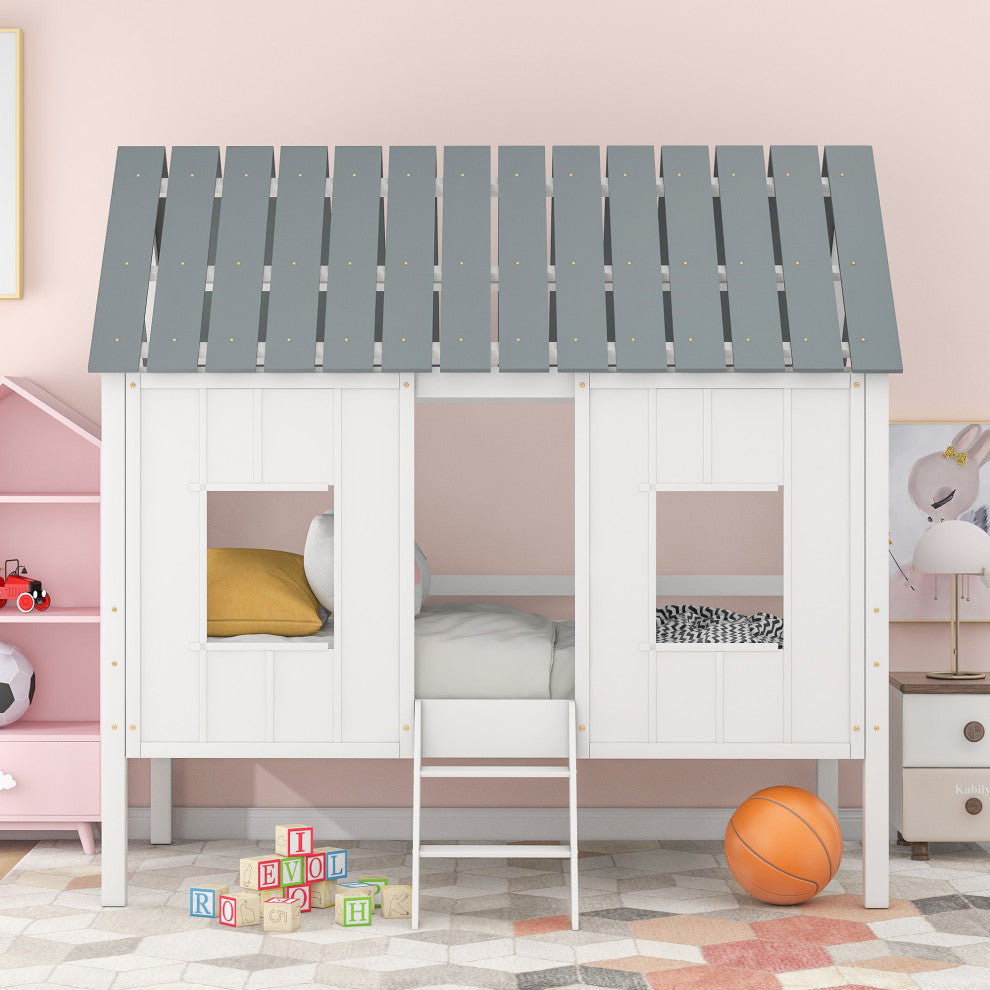 Gewnee Twin Size Low Loft House Bed with Roof and Two Front Windows in White