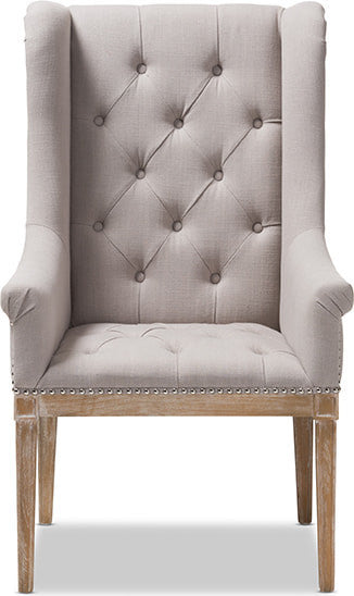 Cedulie French Provincial Beige Fabric Upholstered Whitewashed Oak Lounge Chair