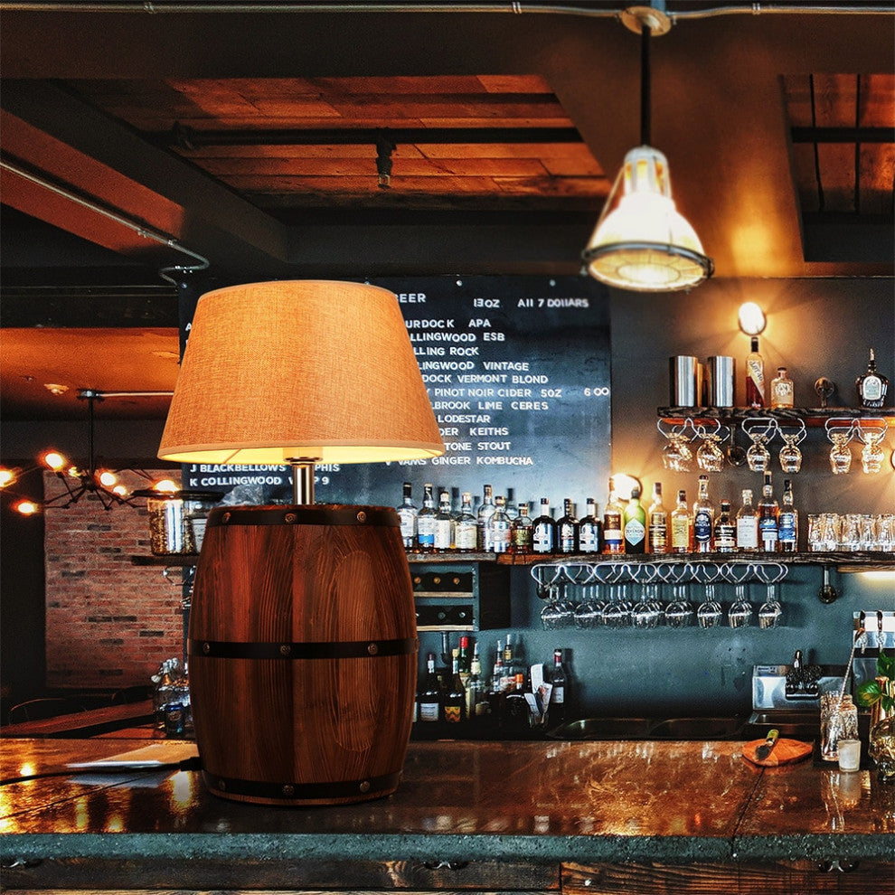 Industrial Wood Wine Barrel LED Table Lamp For Bedroom, Bar