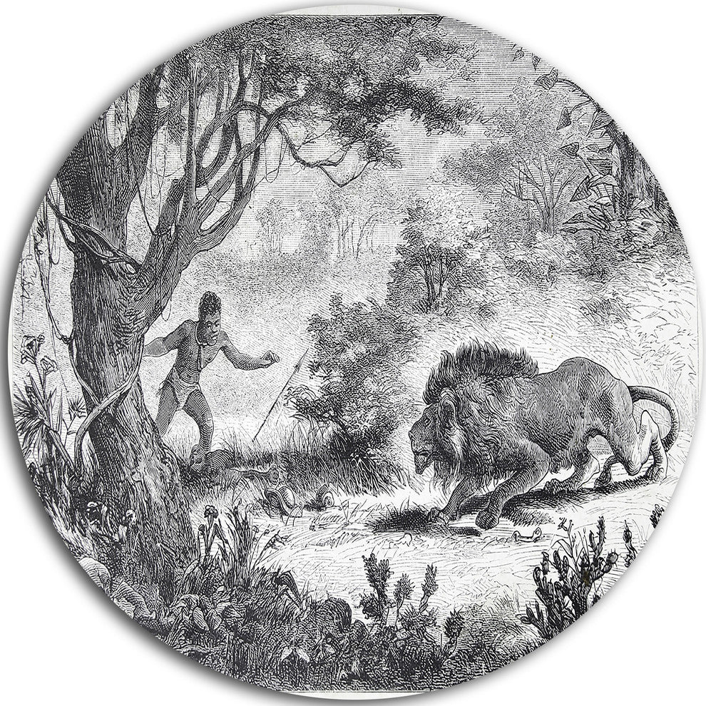 Lion Eating Man, Landscape Animal Round Wall Art, 11"