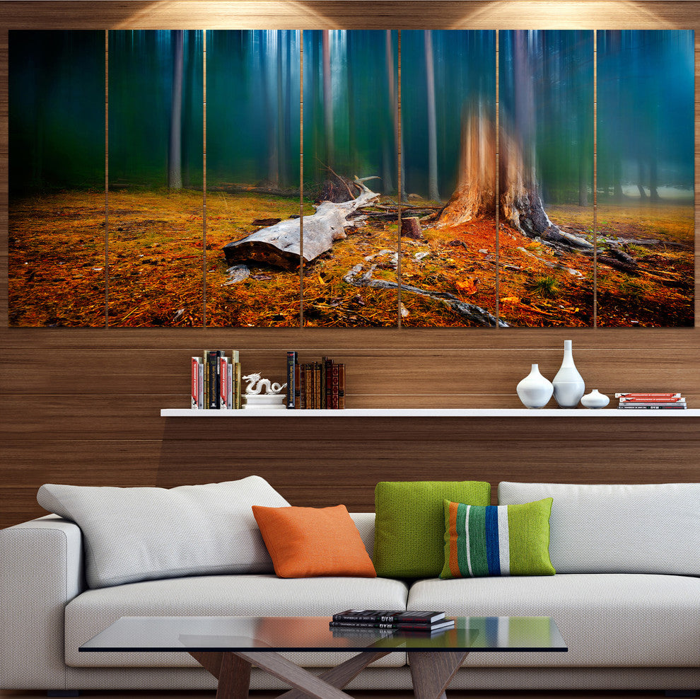 Blue Forest on Foggy Morning, Landscape Canvas Art Print, 83"x32", 7 Panels