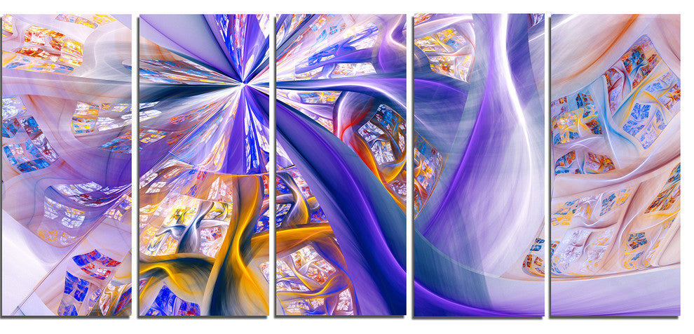 Purple Yellow Fractal Curves, Abstract Wall Art, 60"x28", 5 Panels