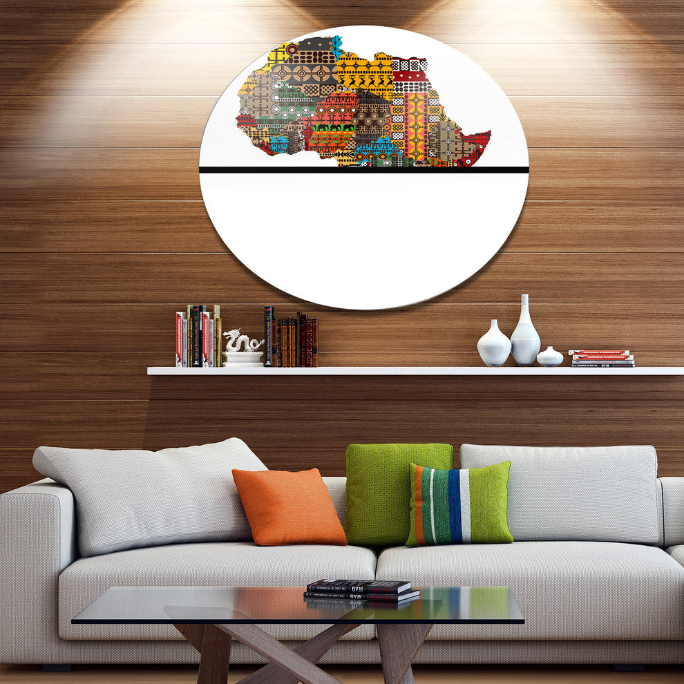 Africa Map With Ethnic Textures, Round Wall Art, 11"