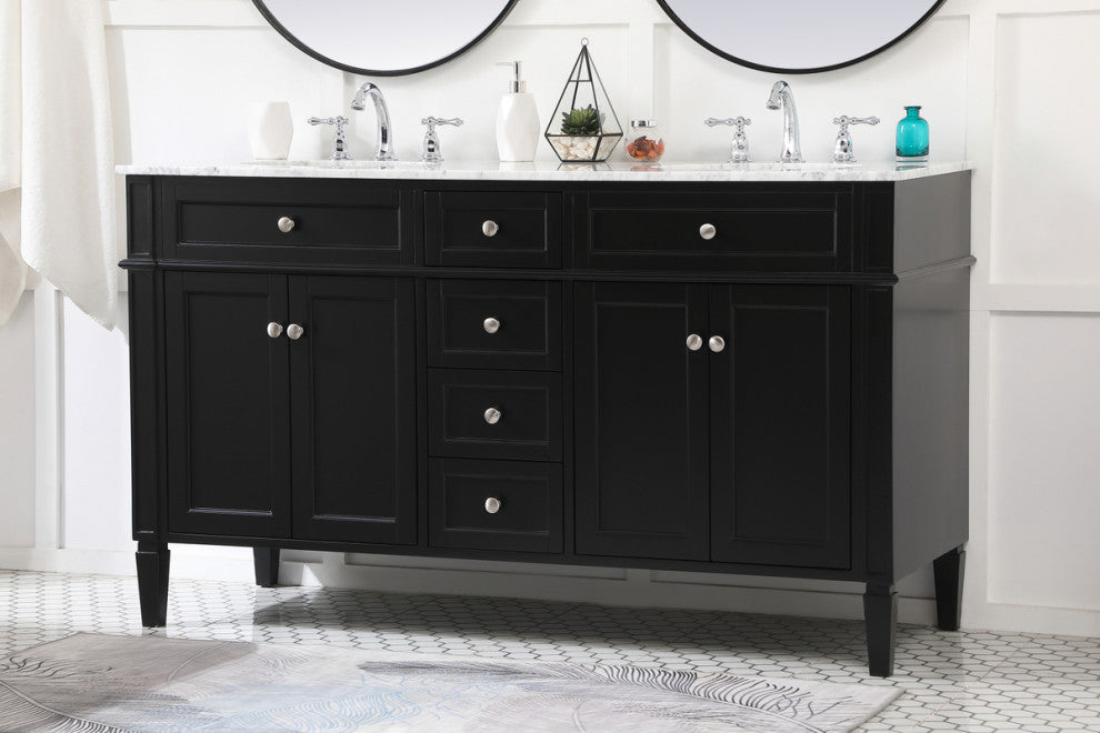 Home Living Vanity with Carrara White Marble Countertop, Black, 60", Double Sink