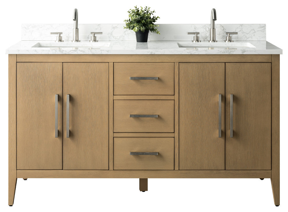 Vanity Art Bathroom Vanity With Sink, Natural Oak, 60", Double Sink, Brushed Nickel
