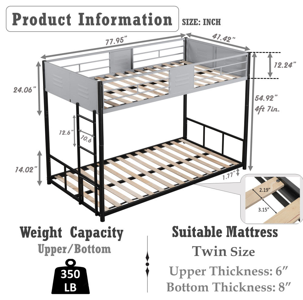 Gewnee Metal Twin over Twin Bunk Bed with Vent Board