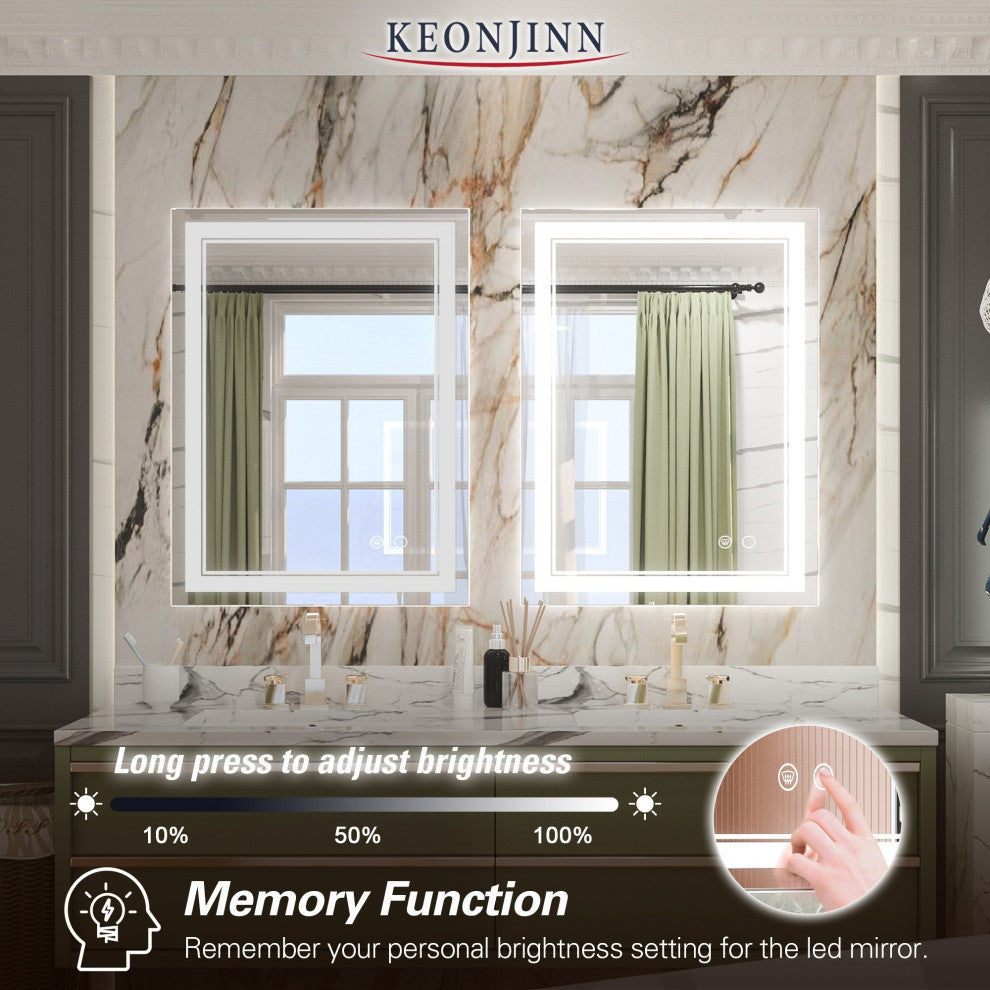 3-Colors LED Bathroom Mirror, Anti-Fog Memory Dimmable, Sliver, 24"x32"
