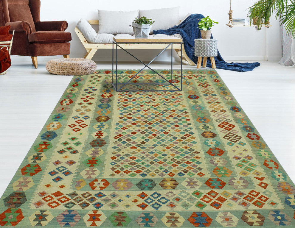 Sangat Kilim Steven Ivory/Light Blue Rug, 8'0x11'4