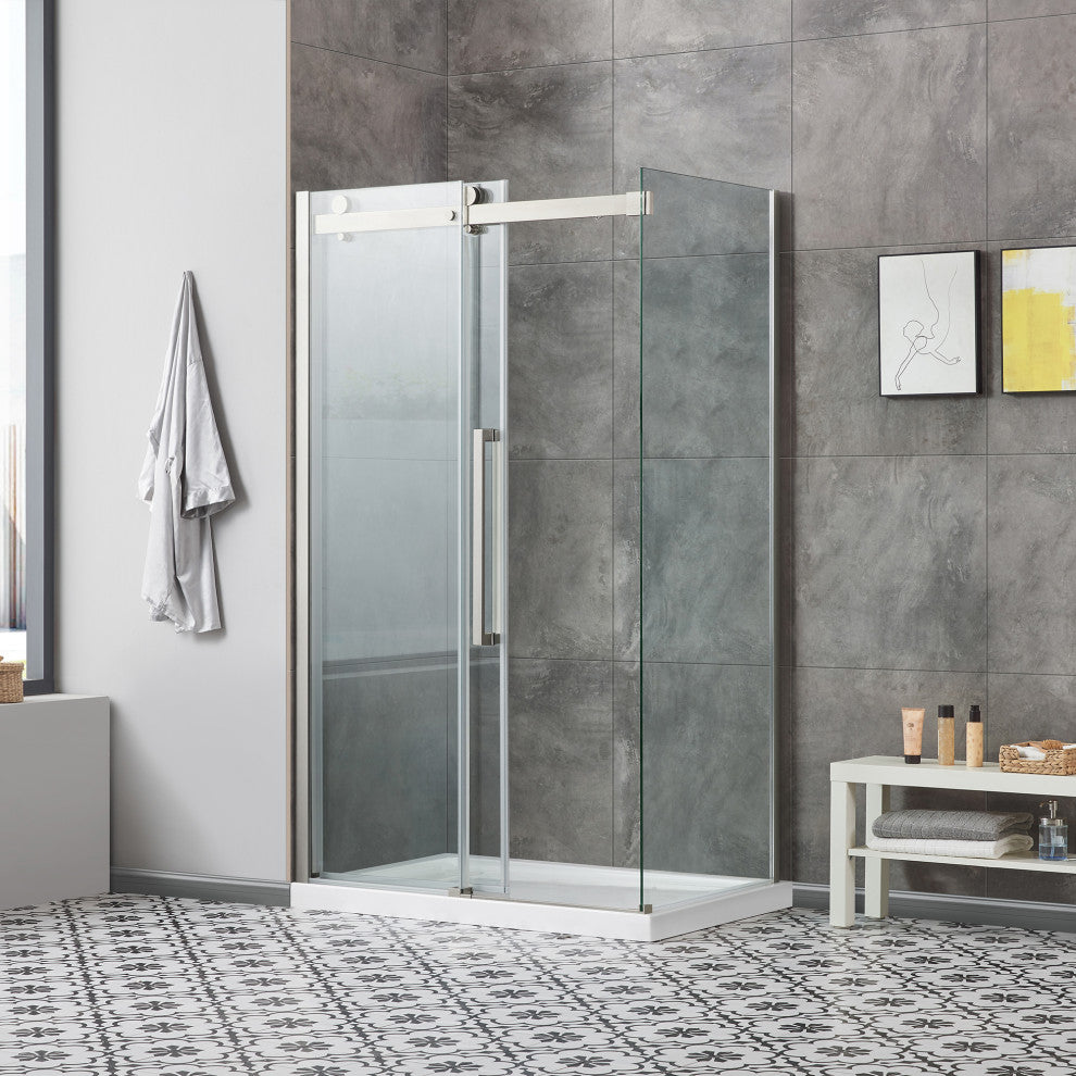 Bel Soft-Close Satin Nickel 48" Frameless Sliding Soft Close Shower Door