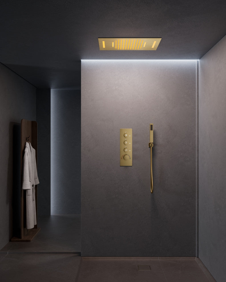 Thermostatic LED Shower System Rainfall Waterfall Shower Head w/ Hand Shower, Brushed Gold, 23 in.x 15 in.