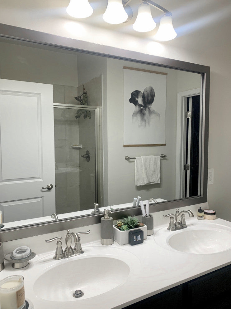 Meade Framed Wall Mirror, Satin Nickel, 28"x60"