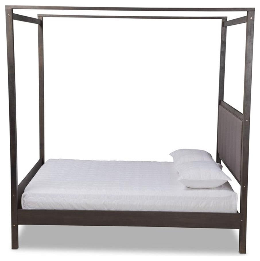 Gray Fabric Dark Gray Oak Finished Wood Queen Size Platform Canopy Bed