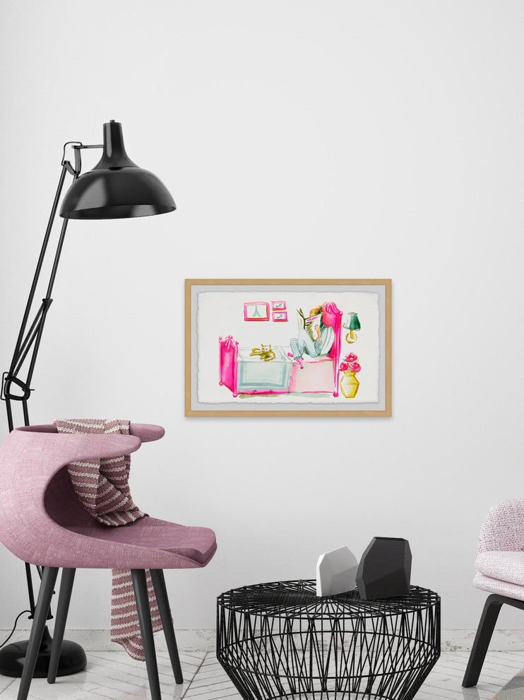 "Reading with the Cat" Framed Painting Print, 18"x12"