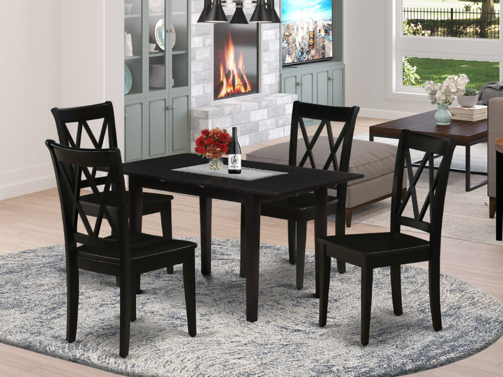 5Pc Wood Dining Table Set 2 Dining Chairs, Butterfly Leaf Dining Table, Black