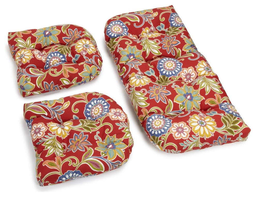 U-Shaped Spun Polyester Tufted Settee Cushion Set, Set of 3, Paisley
