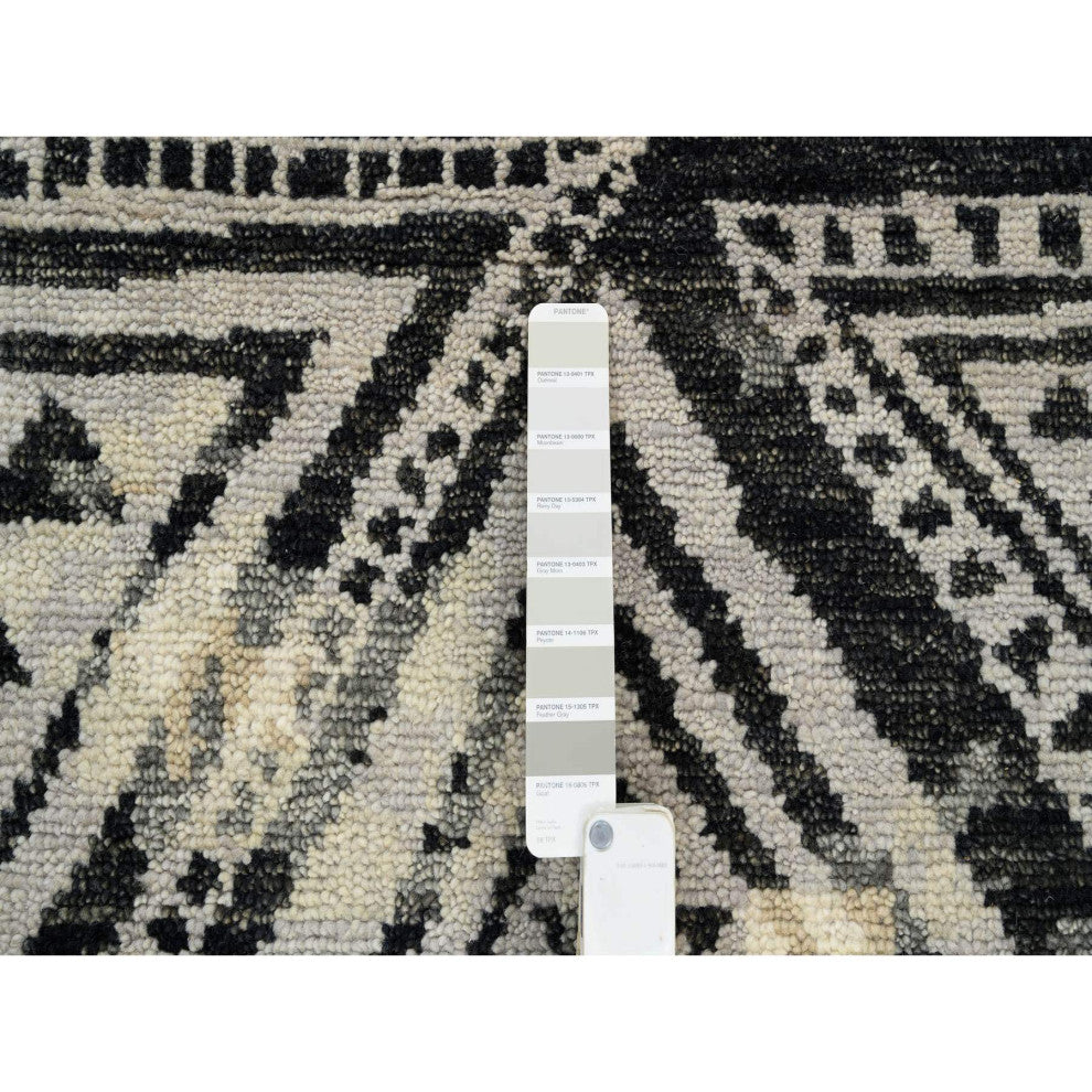 Gray, Erased Ethnic Geometric Design, Pure Wool Hand Knotted Rug, 9'9" x 13'10"