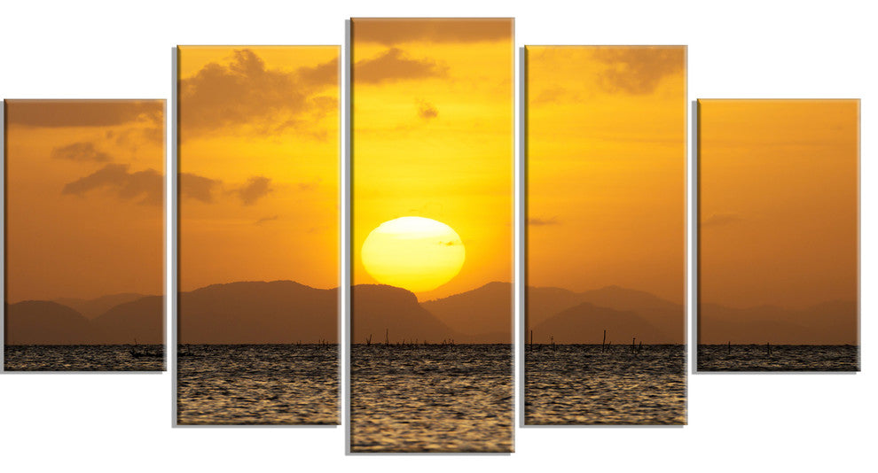 Yellow Sunset and Brown Ocean, Large Seashore Canvas Print, 60"x32", 5 Panels