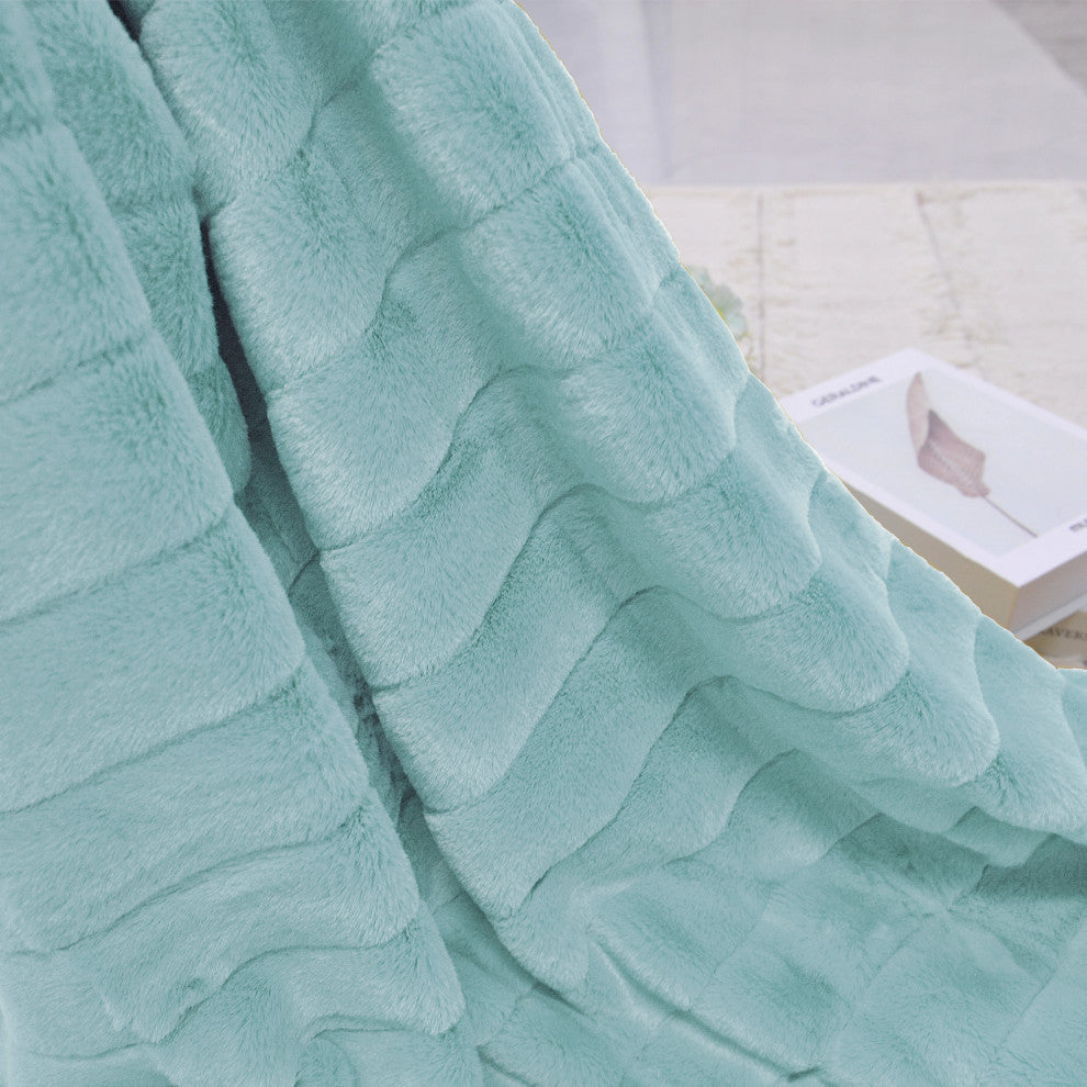 Rabbit Faux Fur Throw Blanket With 2 Pillows, Pastel Turquoise