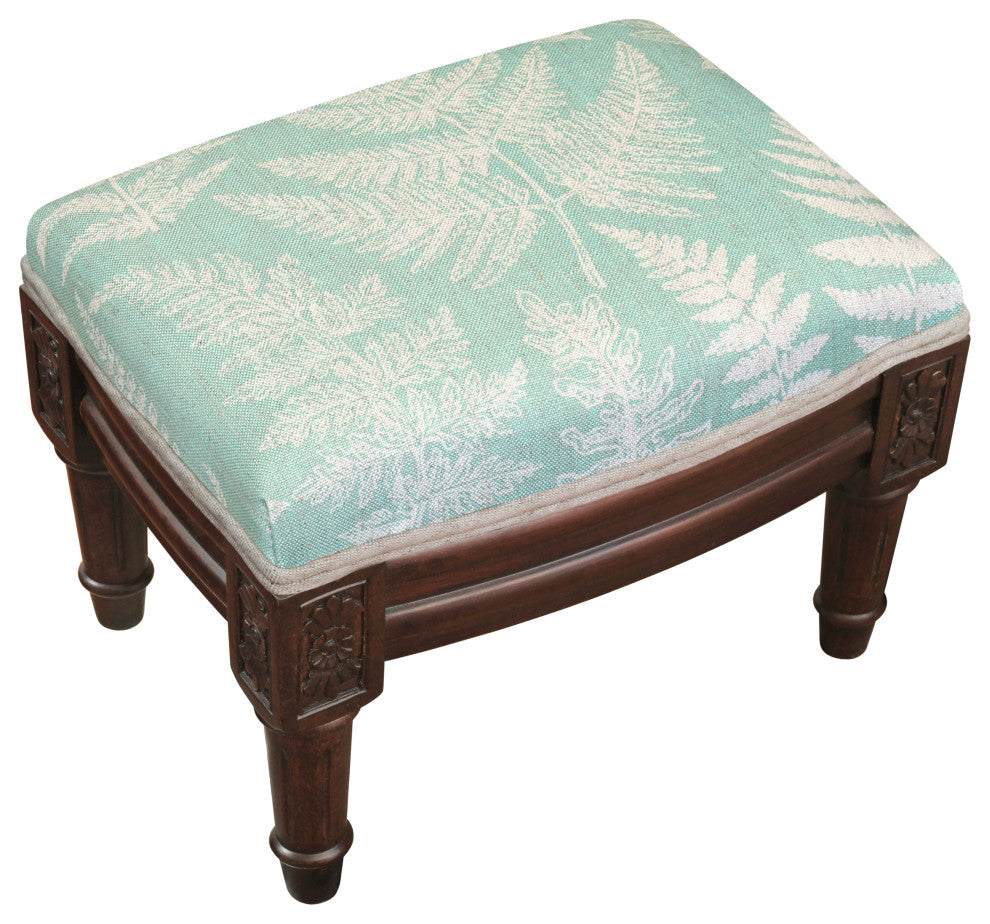 Fern-Aqua, Linen Upholstered Footstool, Aqua