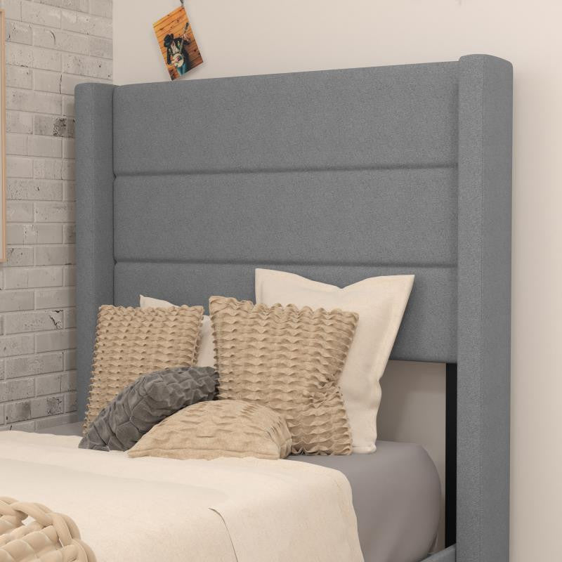 Hollis Upholstered Platform Bed with Wingback Headboard w/Mattress Foundation, Gray, Twin