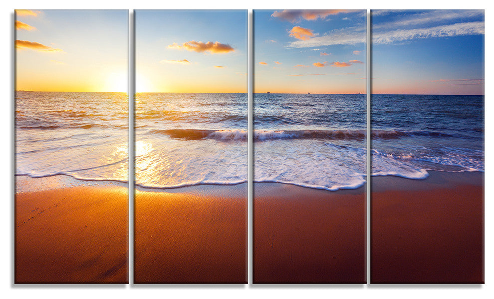 "Stunning Blue Waves And Brown Sand" Beach Canvas Wall Art, 4 Panels, 48"x28"