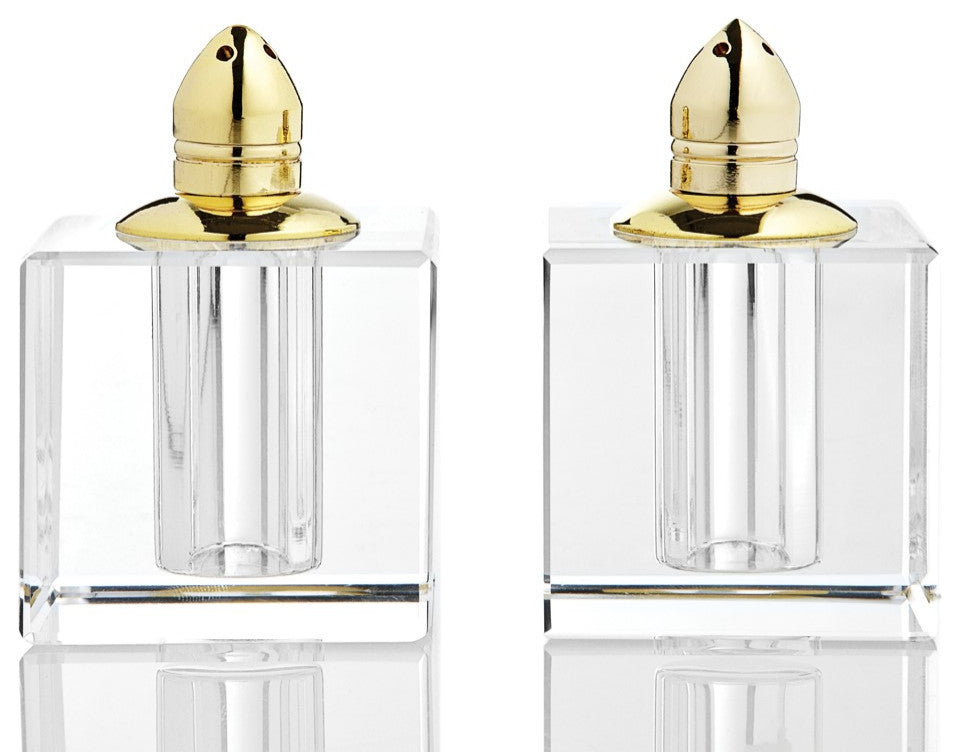 Handcrafted Optical Crystal and Gold Square Size Salt and Pepper Shakers