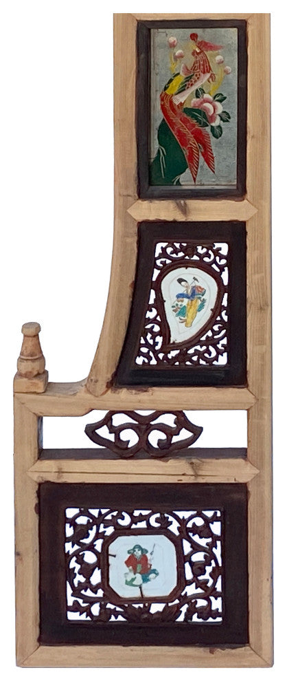 Vintage Chinese Arch Shape Carving Porcelain Graphic Wood Wall Art, Hws2254