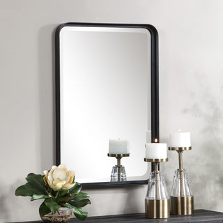 Minimalist Rustic Black Metal Wall Mirror, 30" Thin Frame Curved Edge Vanity