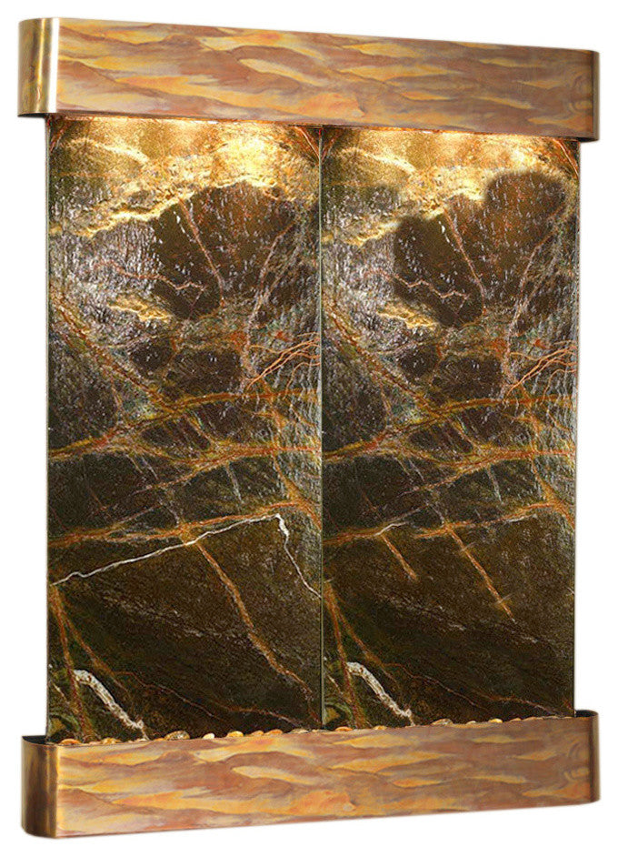 Majestic River Water Fountain, Green Marble, Rustic Copper, Round Edges